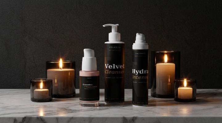 Velarya Ritual Set — Les 3 soins Velarya sur marbre avec bougies