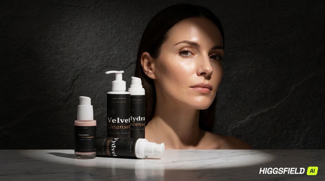 Femme et 3 produits Velarya — éditorial luxe